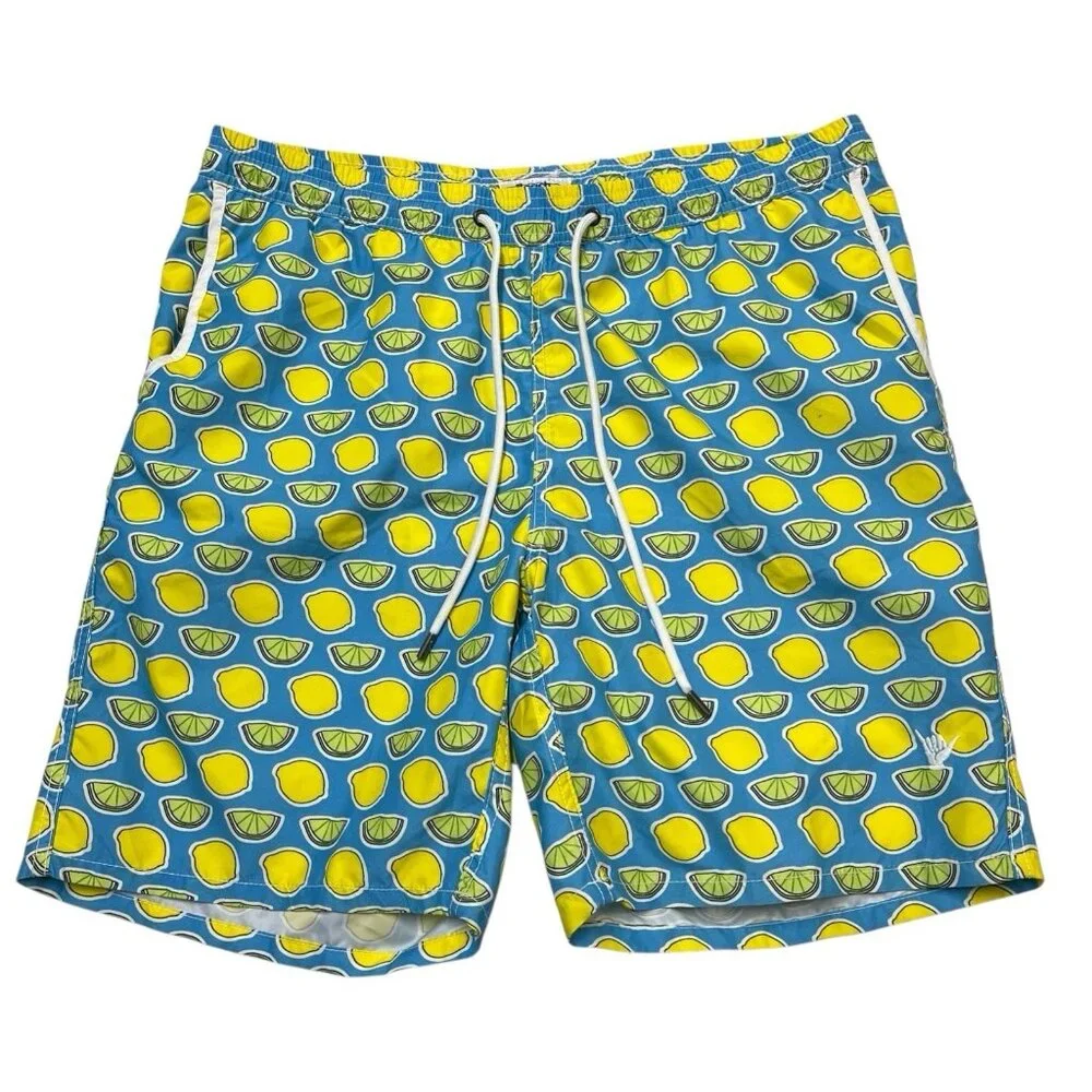 Beach Bros Swim Trunks Mens XL Blue Lemon &‎ Lime Print Bathing Suit Mesh Lined